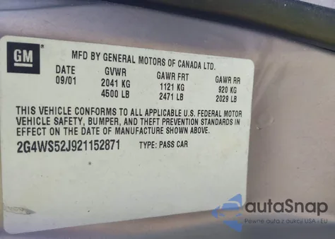 2002 Buick Century Custom из США, поврежденный, VIN 2G4WS52J921152871